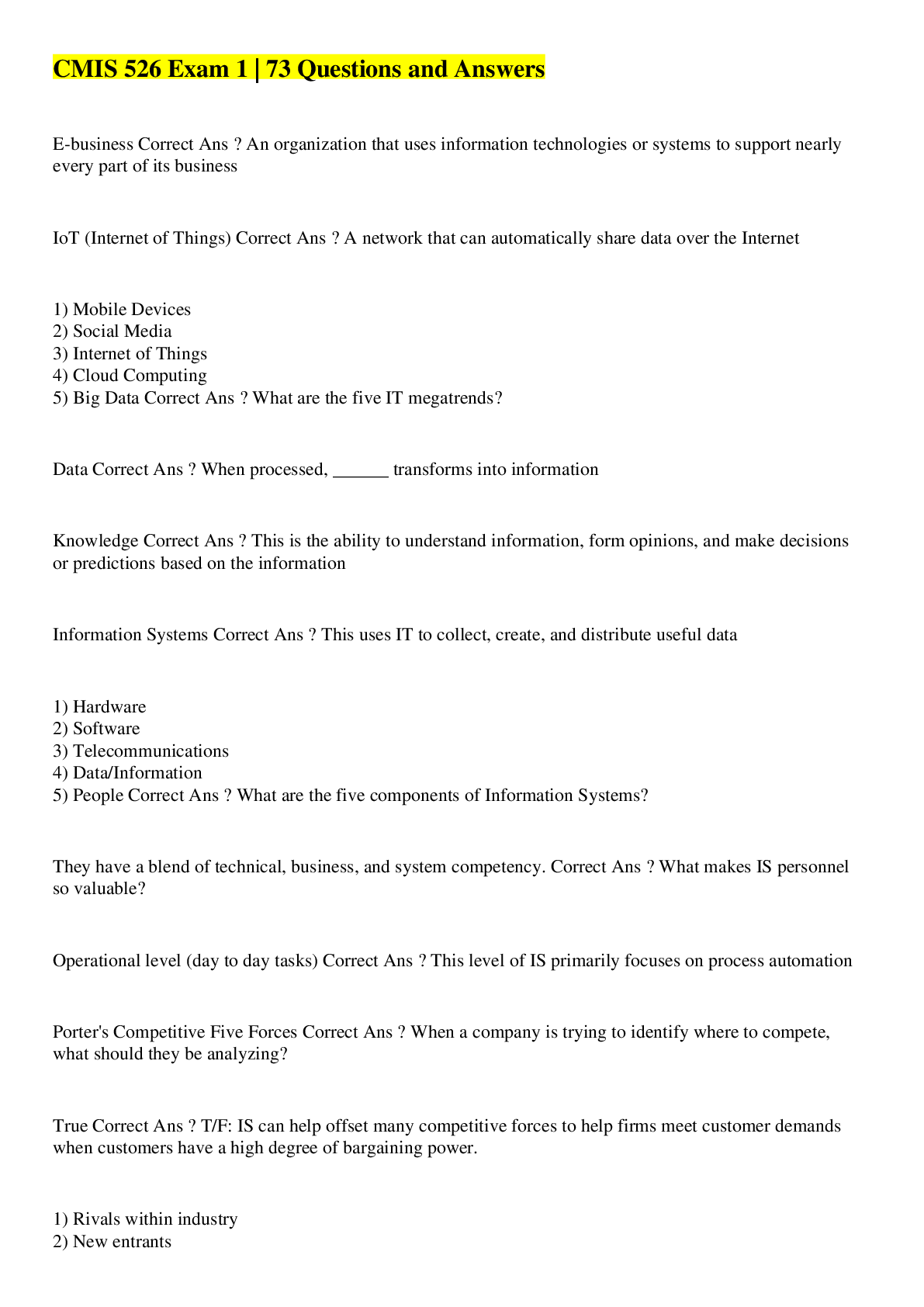 CMIS 526 Exam 1 | 73 Questions and Answers - Browsegrades